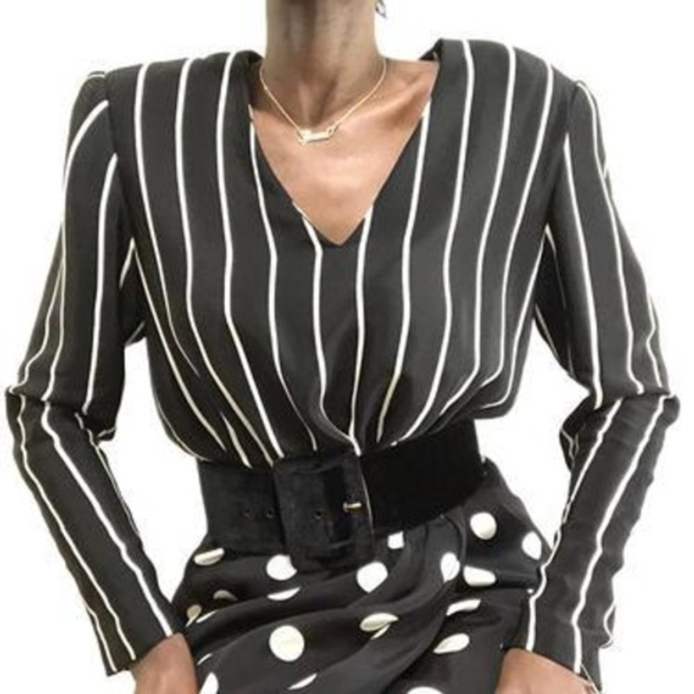 Stanley Platos Martin Ross Vintage Silk Polka Dot Stripe Dress Black White 6